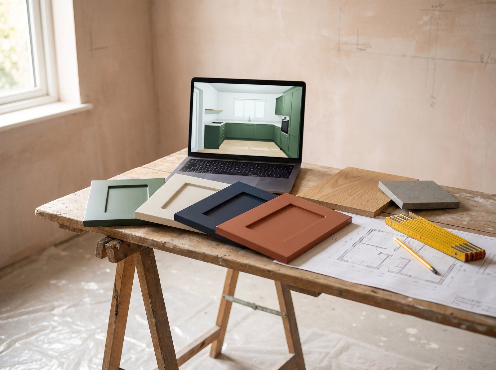 Ordinateur portable affichant le modèle 3D d’une cuisine verte, échantillons de façades colorées et plan sur une table de chantier — image d’illustration